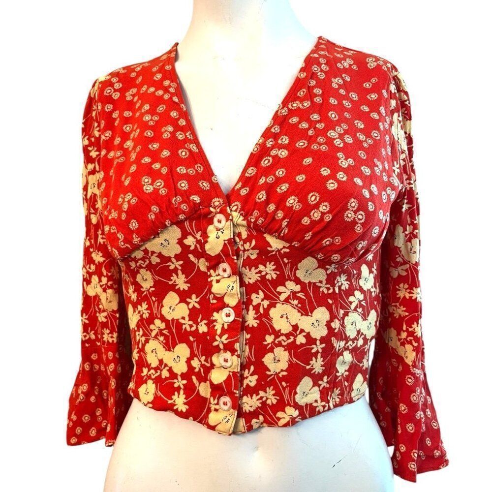 Free People XS Orange Cropped Floral Blouse Button V Neck Smocked Bell Sleeve